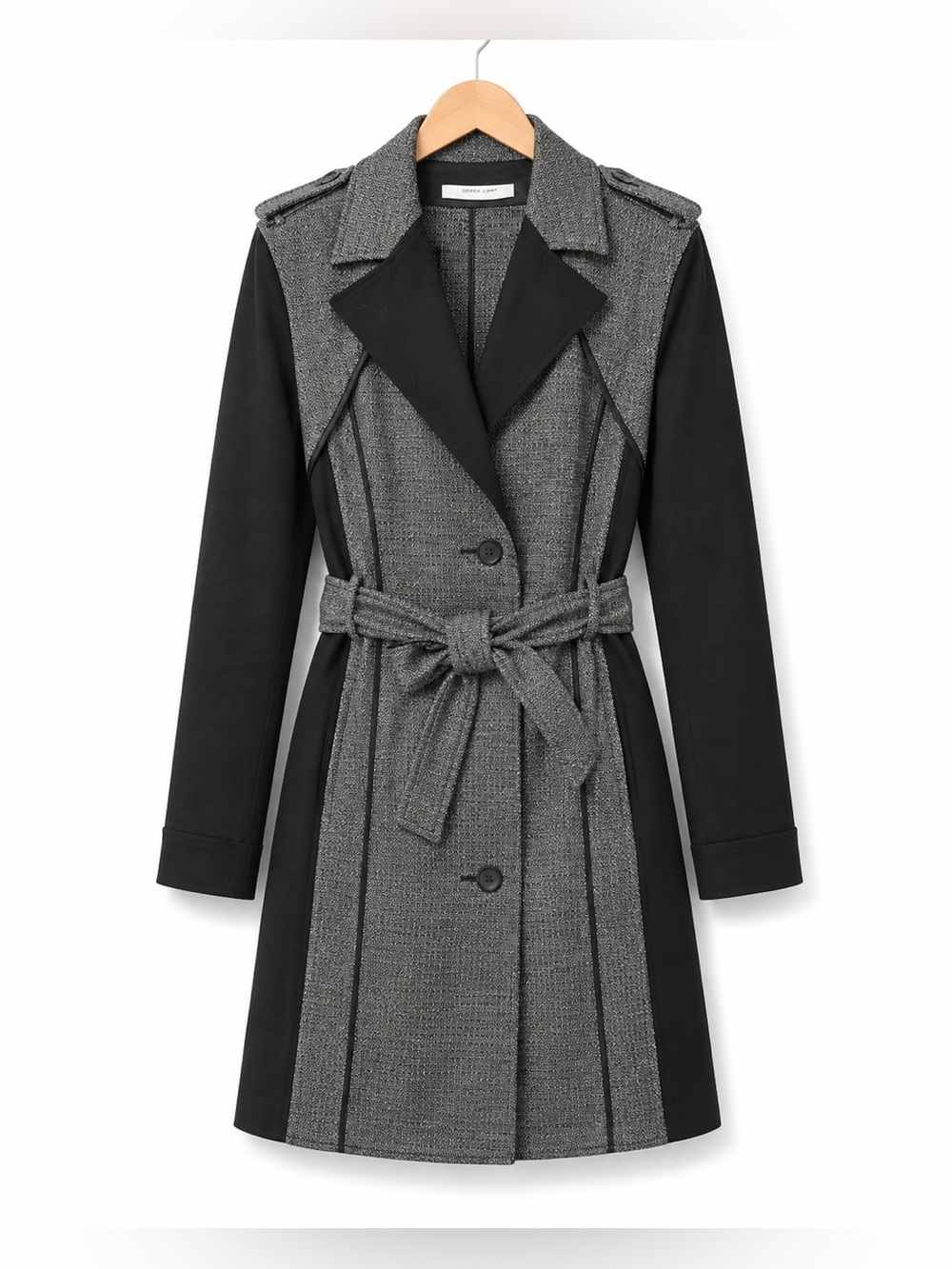 Derek Lam Gray Black Belted Trench Coat Size 6 Designer Wool Blend Mixed Media